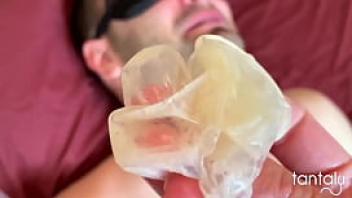 Femdom cuckold eats his own cum from condom after creampie in tantaly doll